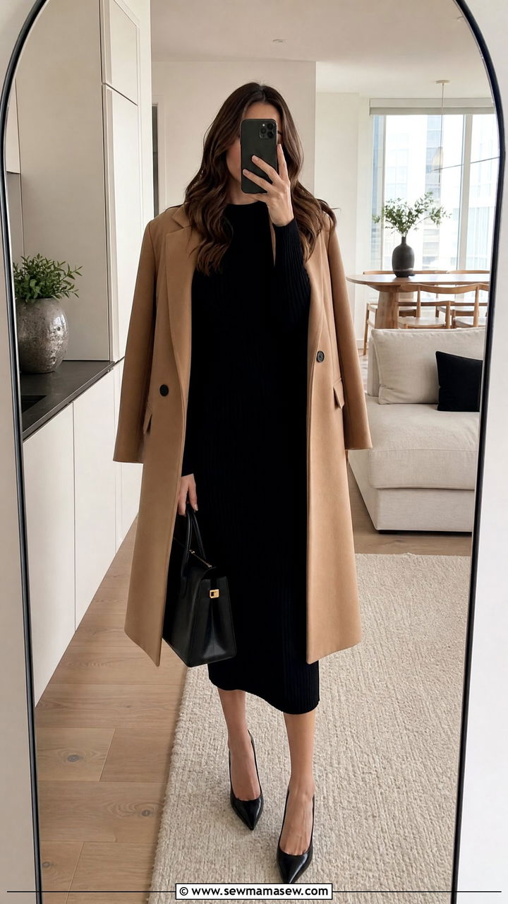Camel Coat With a Black Midi Dress and Pointed Pumps - 25 Camel coat outfit ideas 2026