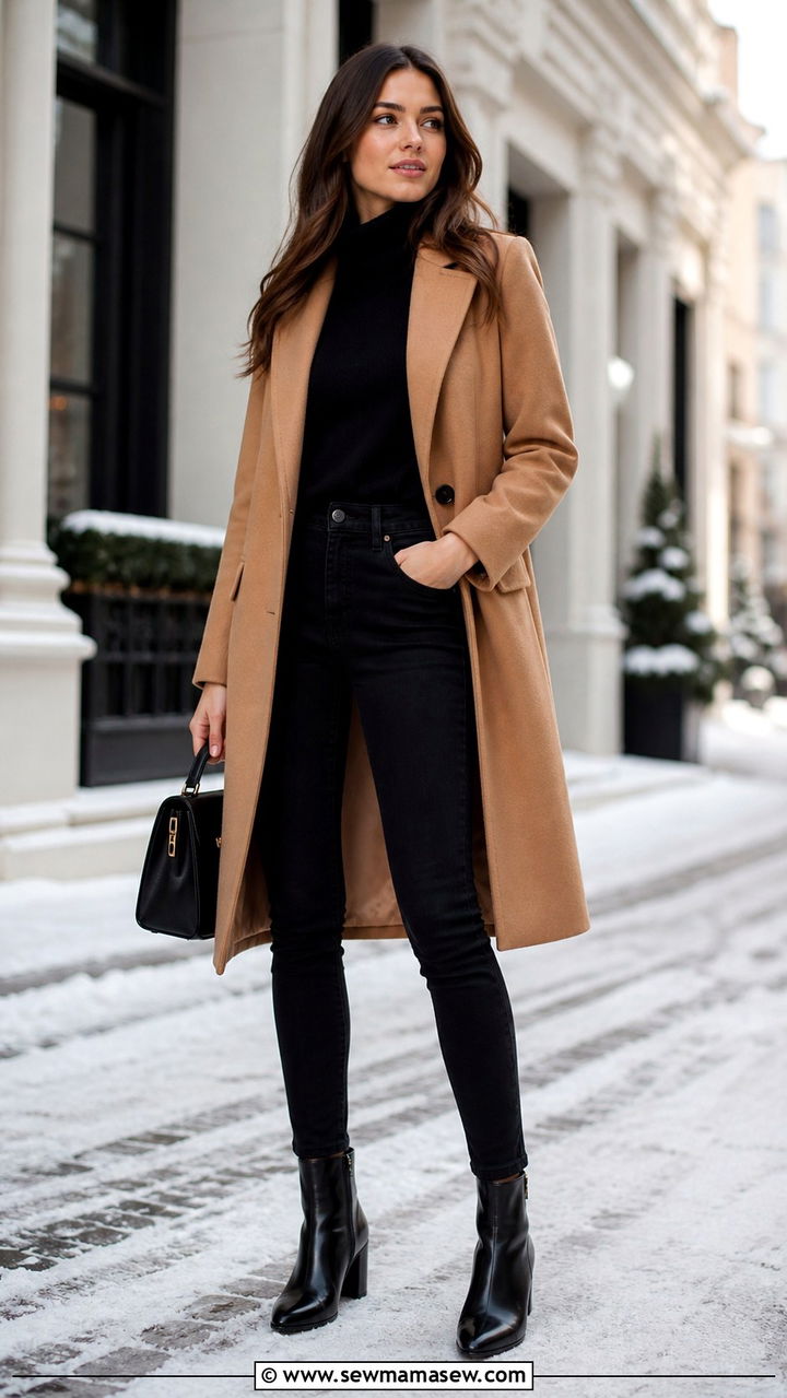 Camel Coat With a Black Turtleneck and Black Jeans - 40 casual black jeans outfits