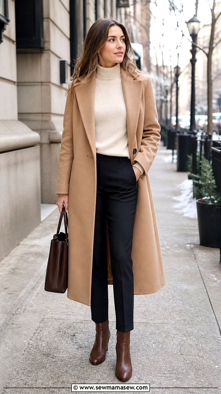 Camel Coat With a Cashmere Sweater and Dark Trousers - 40 First day of work outfits