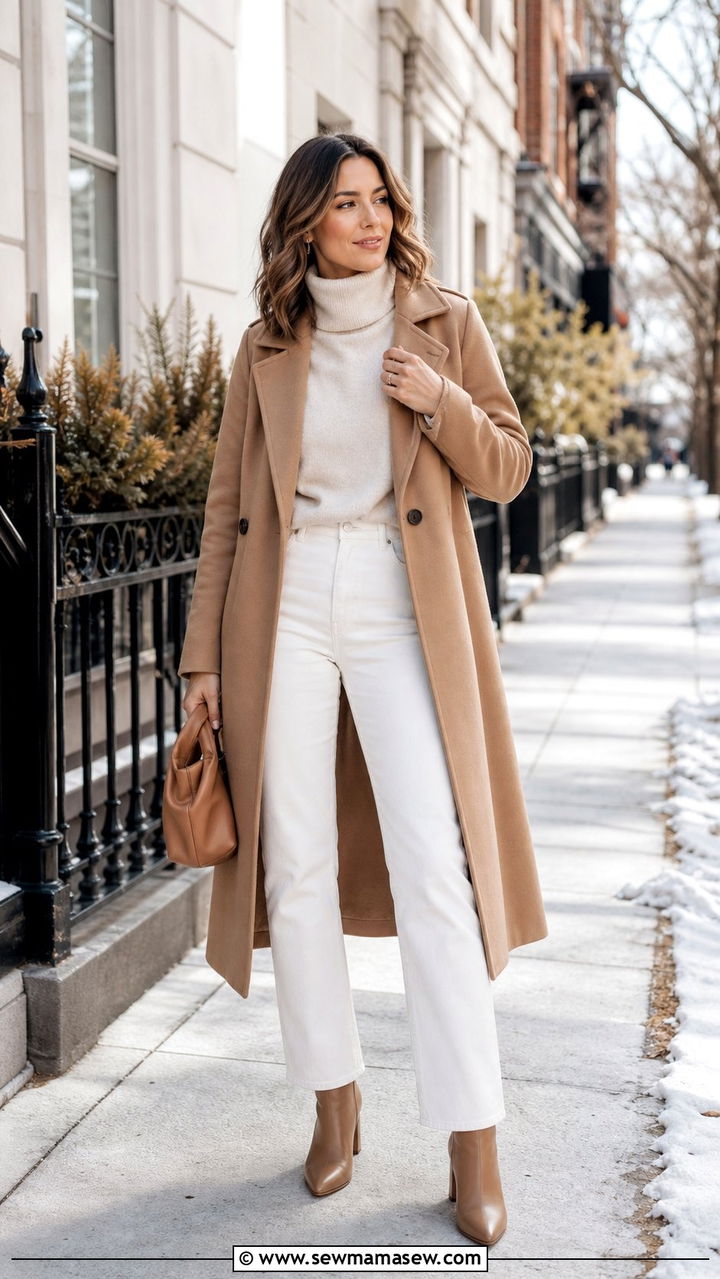Camel Coat With a Cashmere Turtleneck and White Jeans - 25 Cool aunt outfit ideas