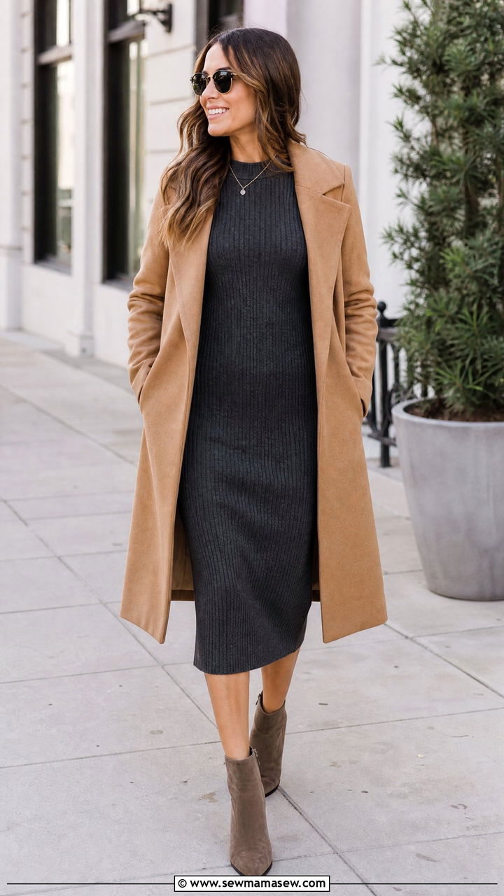 Camel Coat With a Knit Midi Dress and Ankle Boots - 25 Camel coat outfit ideas 2026