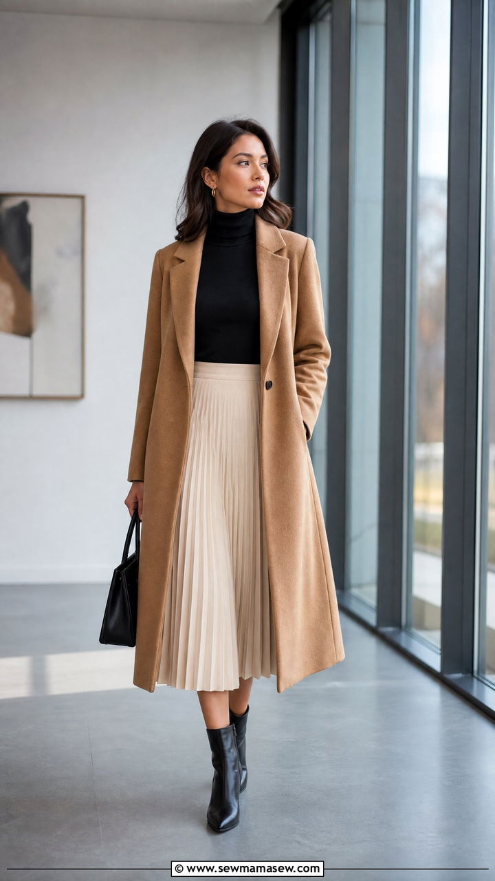 Camel Coat With a Pleated Midi Skirt and Turtleneck - 25 Camel coat outfit ideas 2026