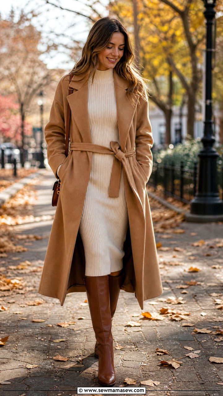 Camel Coat With a Sweater Dress and Knee High Boots - 25 Camel coat outfit ideas 2026