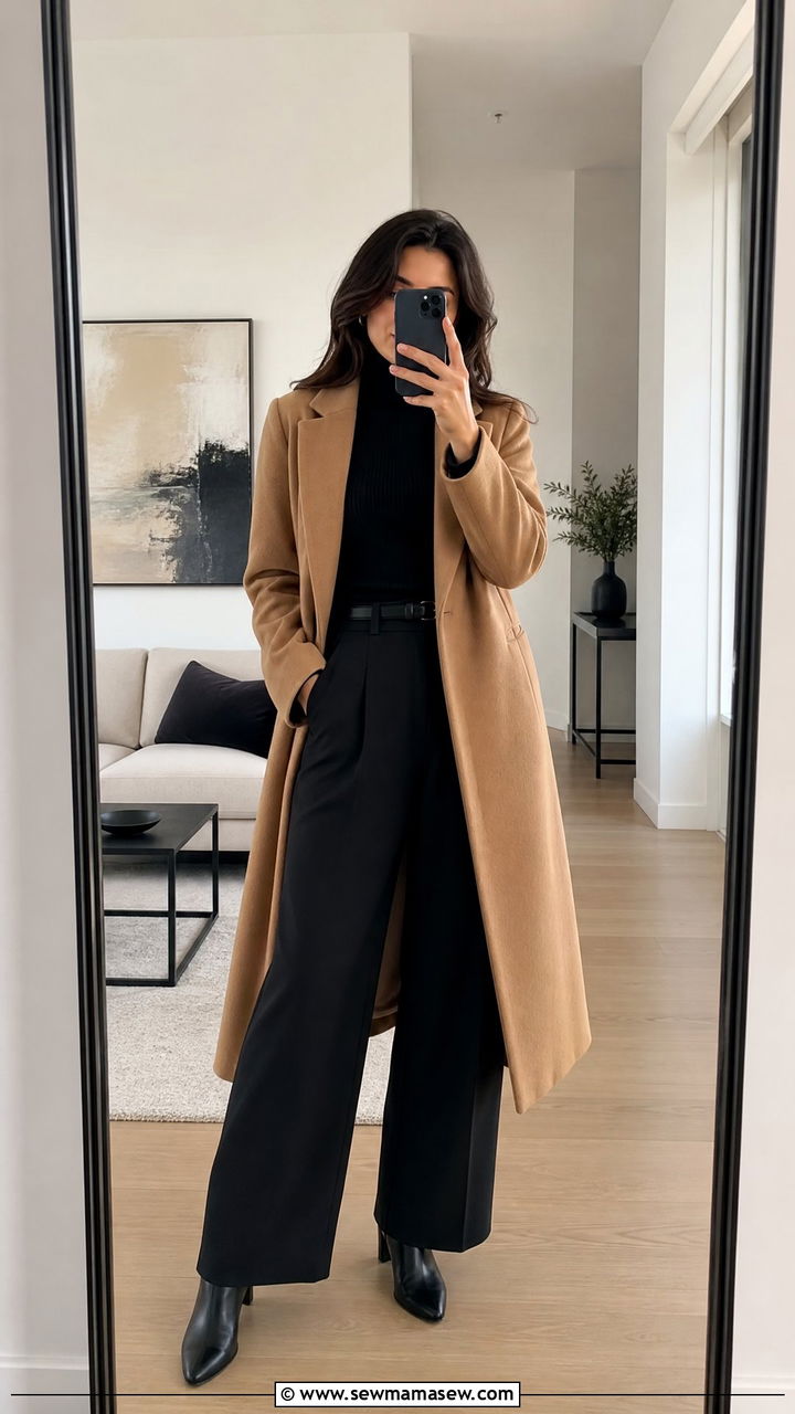 Camel Coat With an All Black Base - 25 Camel coat outfit ideas 2026
