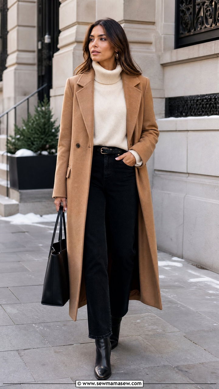 Camel Coat and Black Jeans Winter Outfit - 25 How to style black jeans