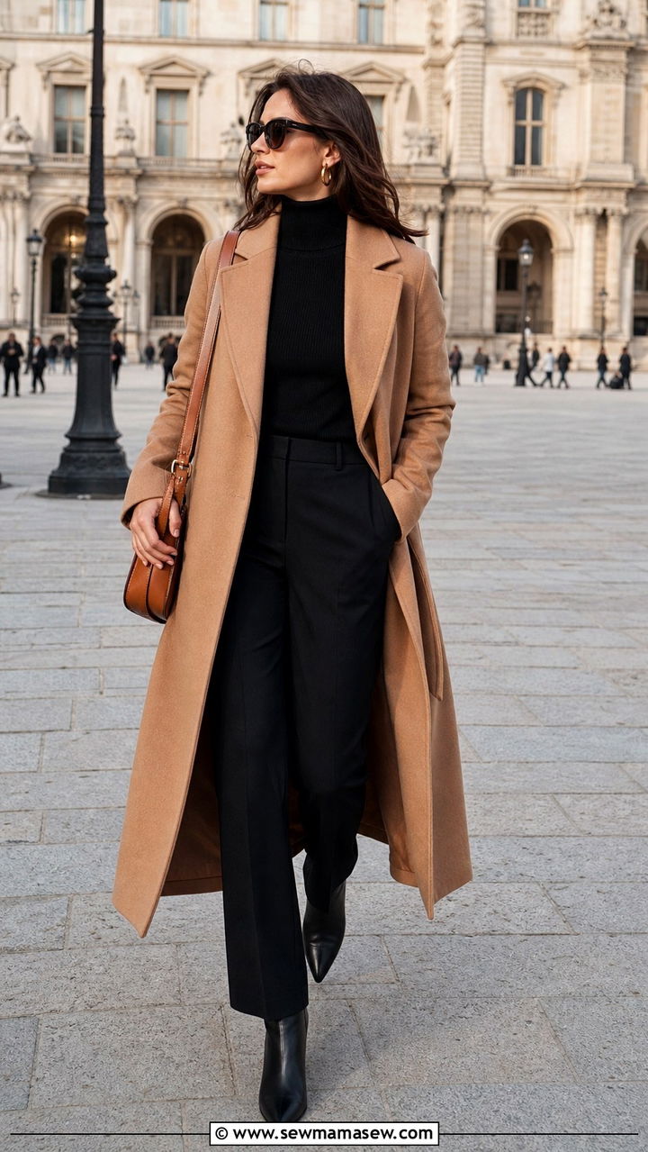 Camel Coat and Black Knit Base Winter City Break Outfit - 40 travel outfits ideas