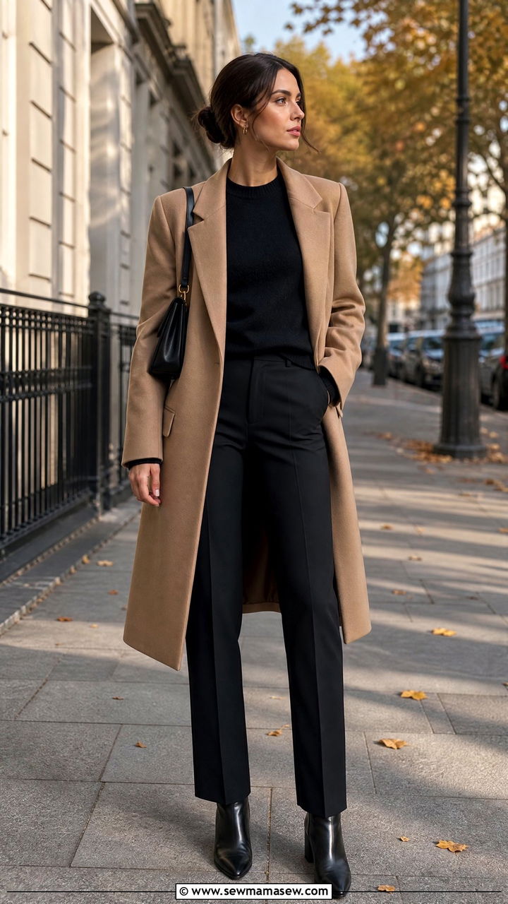 Camel Coat and Black Knit - 30 clean girl outfits inspo