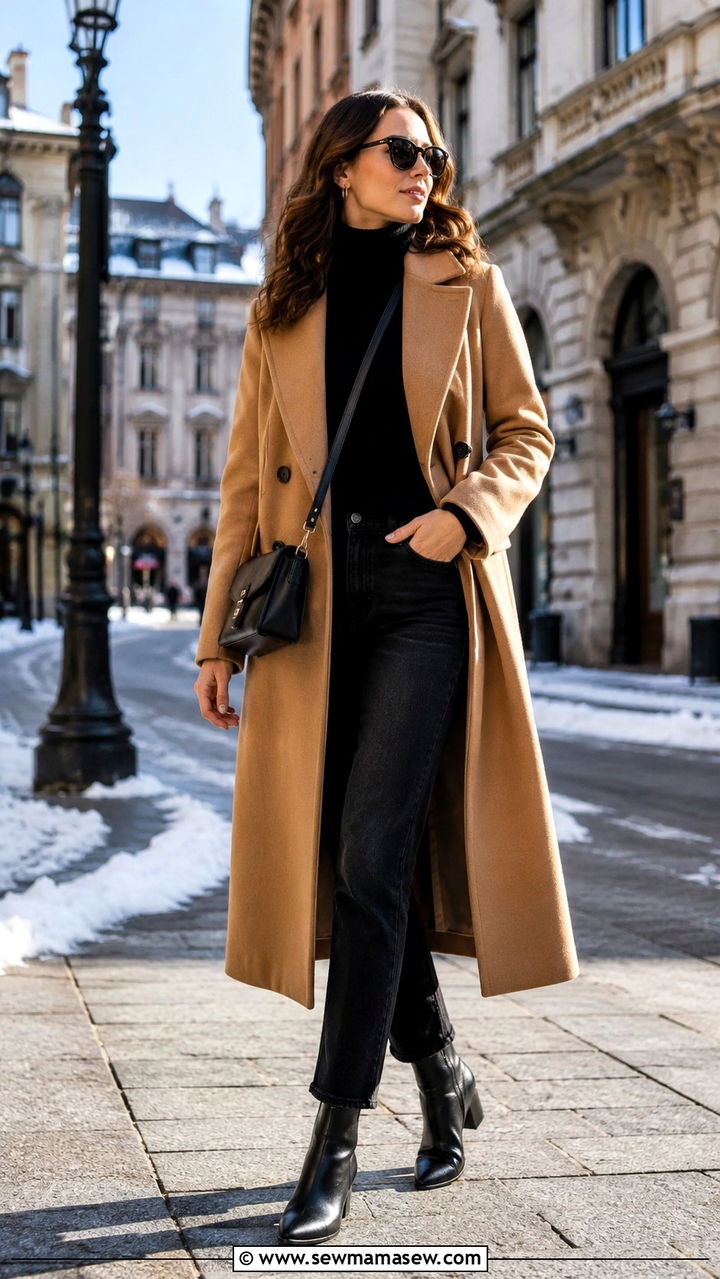 Camel Coat and Black Turtleneck Winter Outfit - 30 Minimalist travel outfits