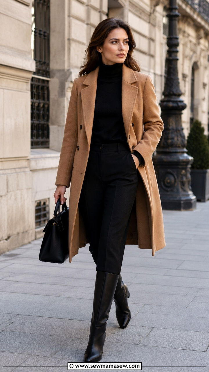 Camel Coat and Black Turtleneck - 25 Old money outfit ideas budget