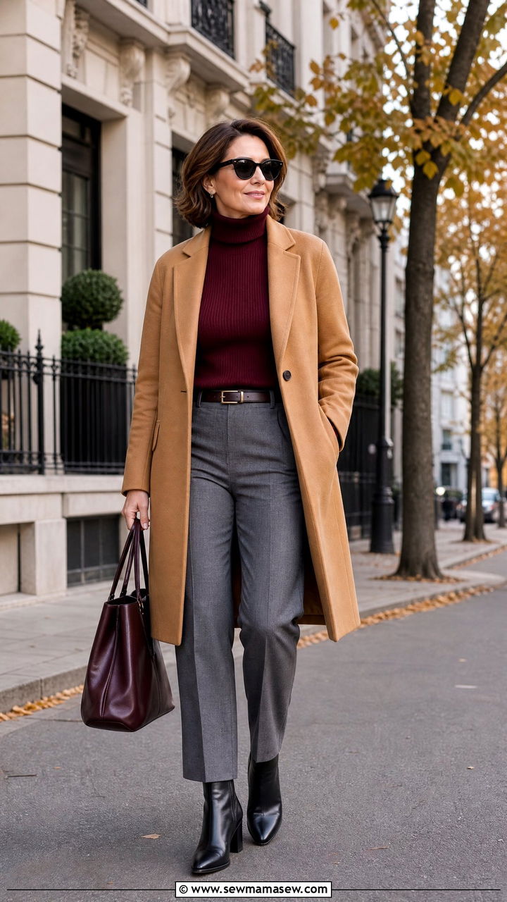 Camel Coat and Burgundy Turtleneck - 25 Fashion over 50 outfit ideas