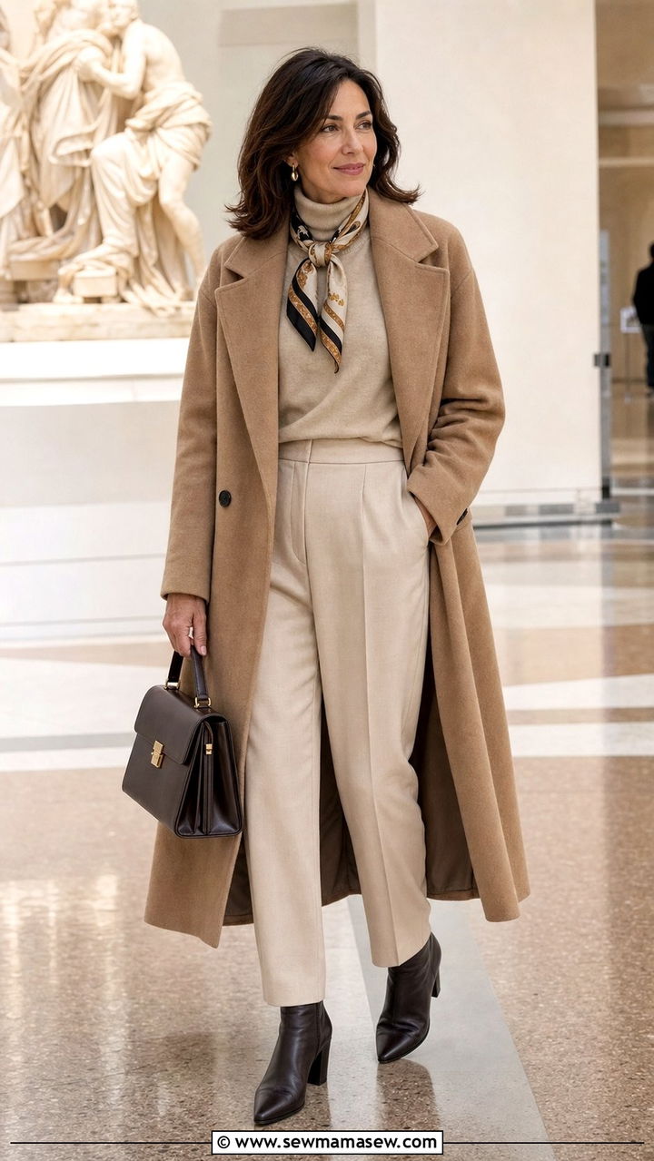 Camel Coat and Cashmere Sweater Ensemble - 25 Stealth wealth outfit ideas for women over 40