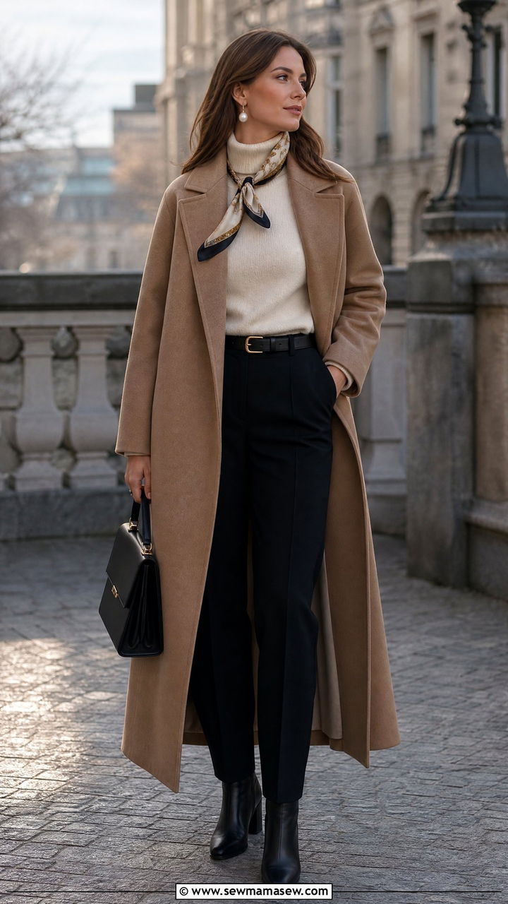 Camel Coat and Cashmere Turtleneck with Black Trousers - 30 Brunch outfit ideas old money style