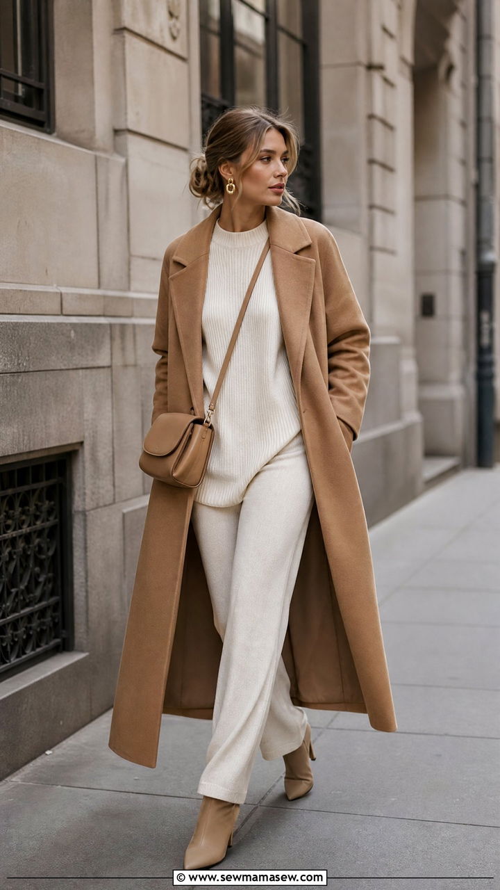 Camel Coat and Cream Knit Two Piece - 30 model off duty outfits for women