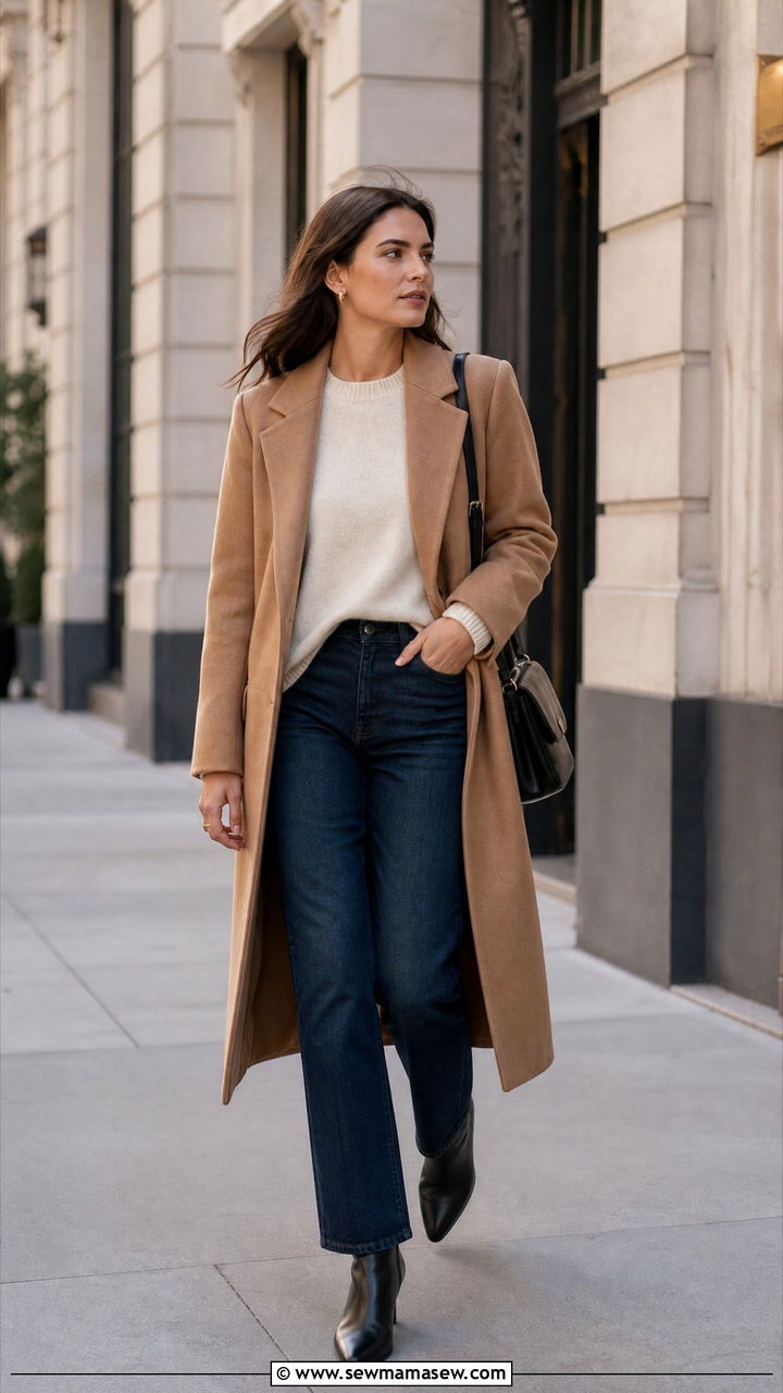 Camel Coat and Cream Sweater Outfit - 30 minimalist capsule wardrobe outfits