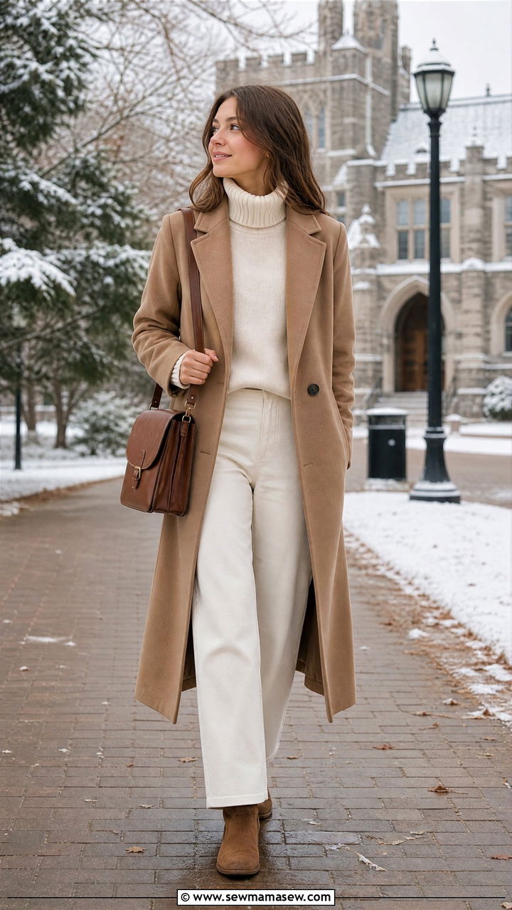 Camel Coat and Knit Scarf Outfit - 25 classy light academia outfit ideas