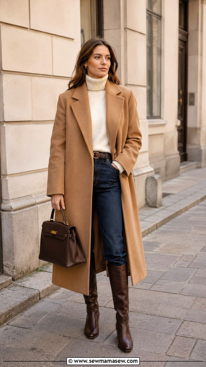 Camel Coat and Riding Boots Outfit - 25 Old money outfit ideas with riding boots