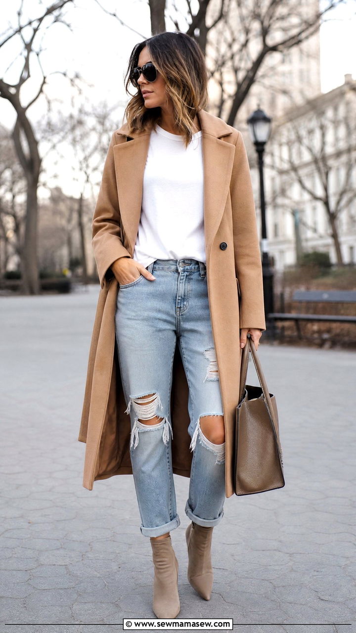 Camel Coat and Ripped Boyfriend Jeans - 25 classy edgy outfit ideas