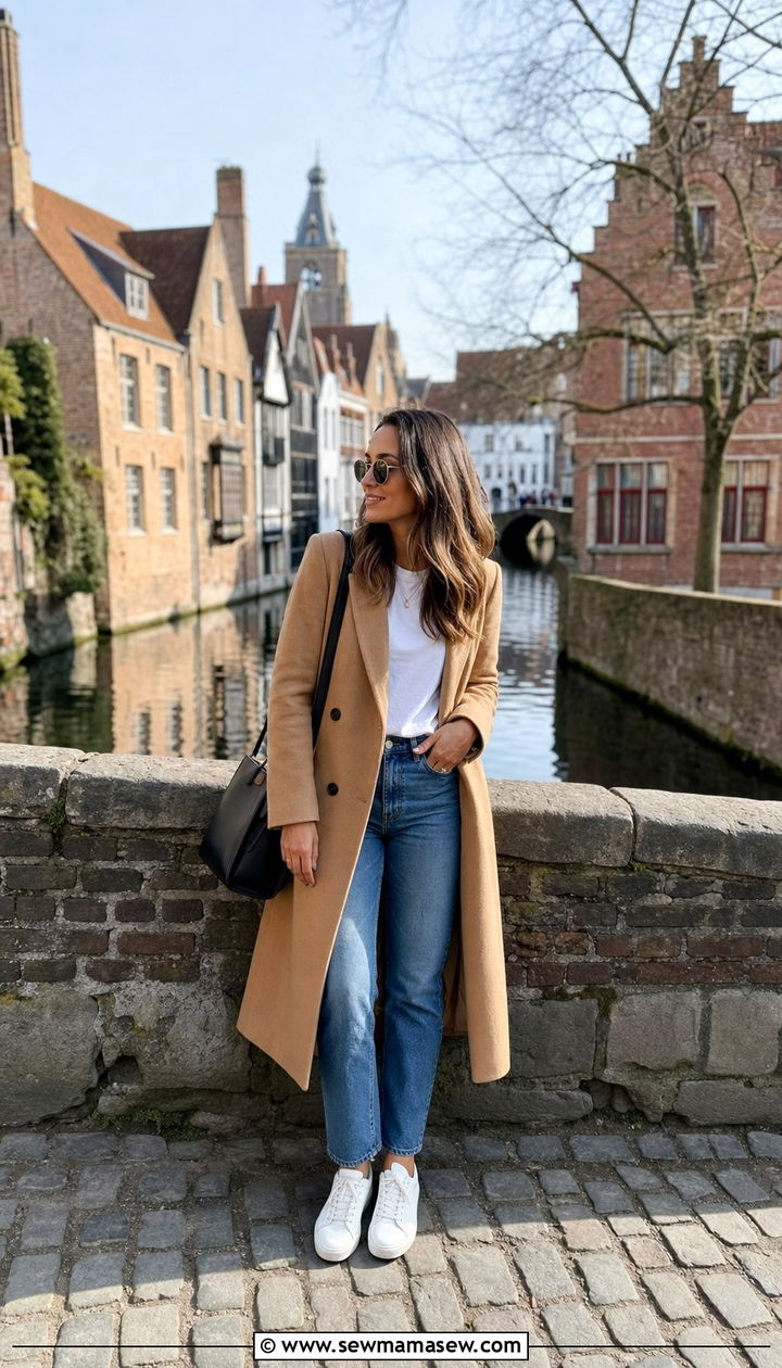 Camel Coat and Straight Jeans Bruges Classic - 35 Bruges outfit ideas
