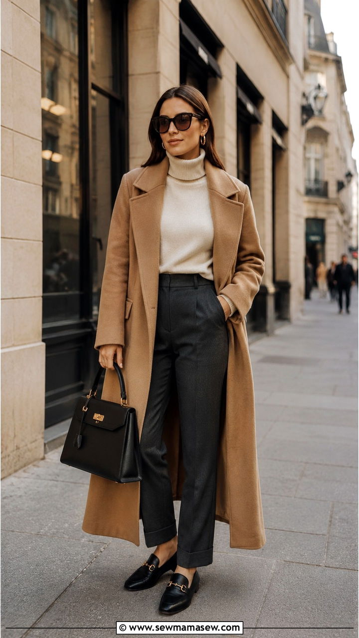 Camel Coat and Tailored Trousers With Gucci Loafers - 25 Old money outfit ideas with Gucci loafers