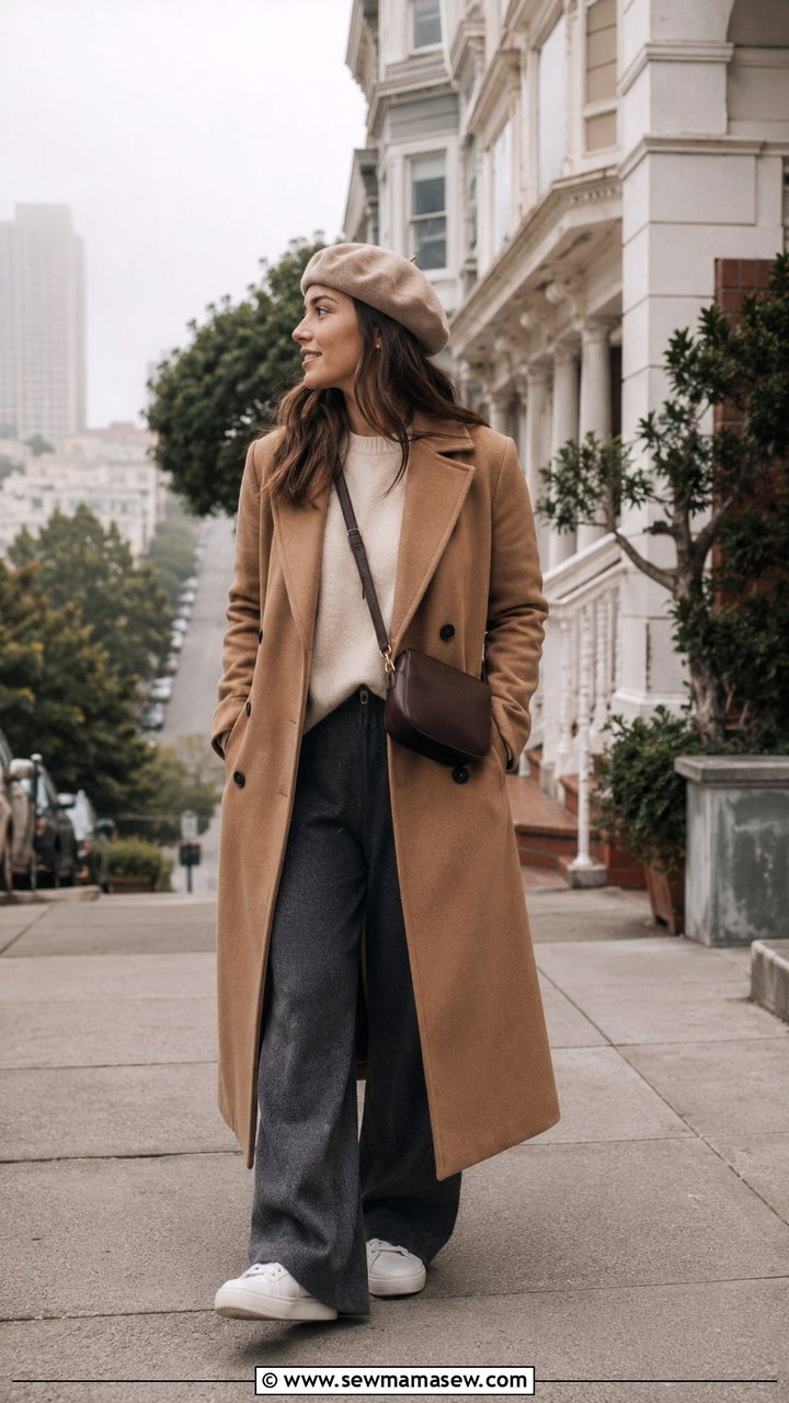 Camel Coat and Wide Leg Knit Trousers Brunch Outfit - 30 Brunch outfit ideas Bay Area