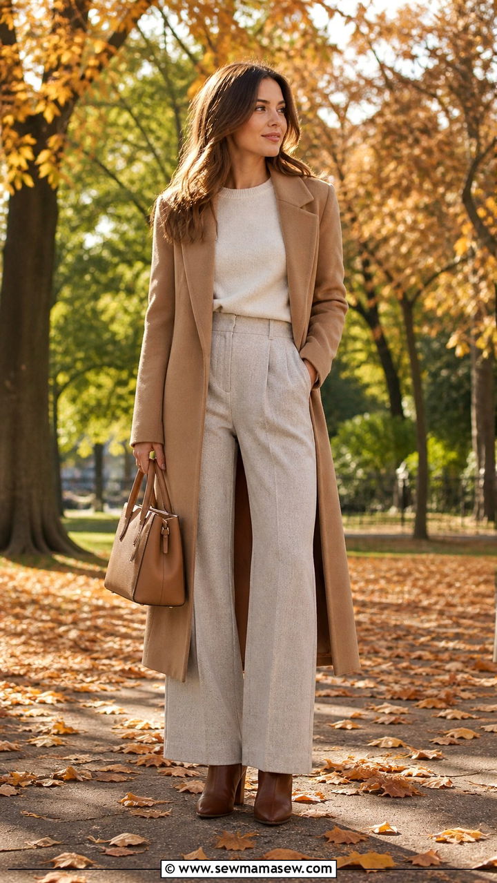 Camel Coat and Wide Leg Trousers - 20 Boho outfit ideas Sienna Miller style