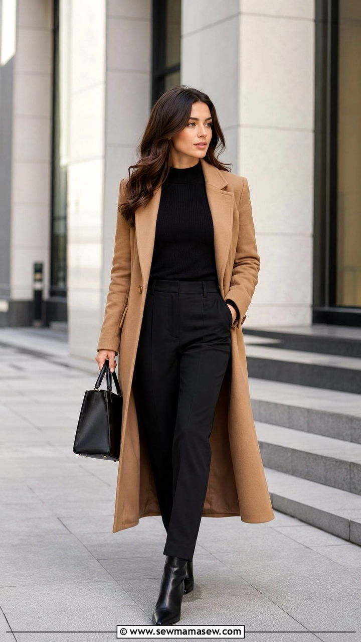 Camel Coat over All Black Outfit with Leather Boots - 30 Modest outfit ideas for work
