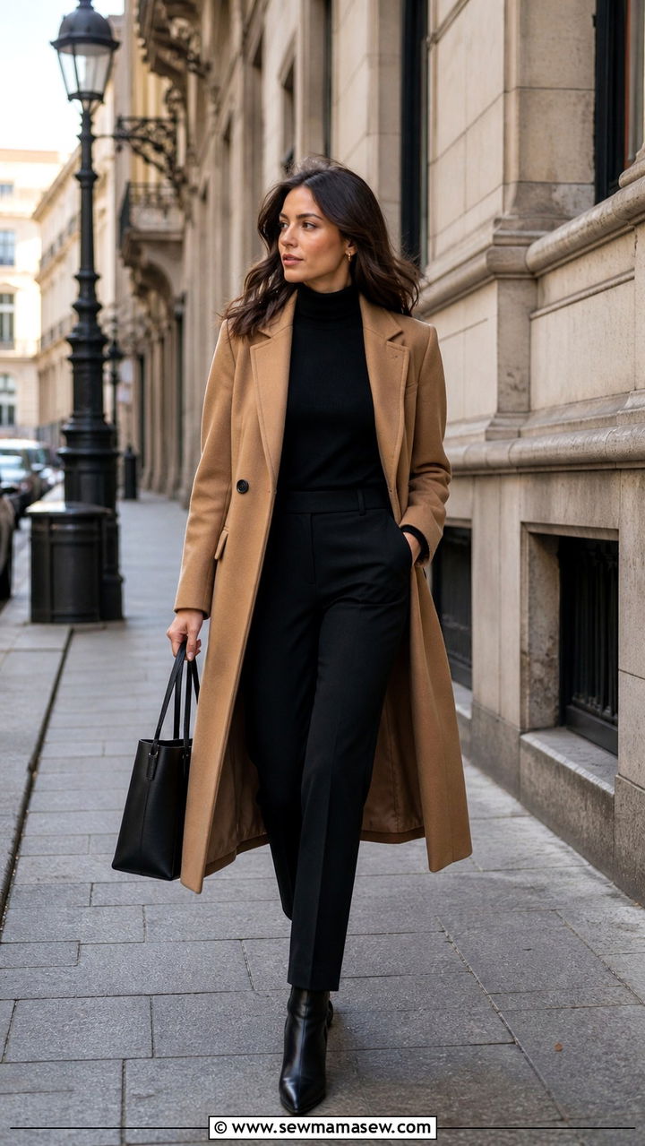 Camel Coat over Black Trousers - 40 classy work outfits