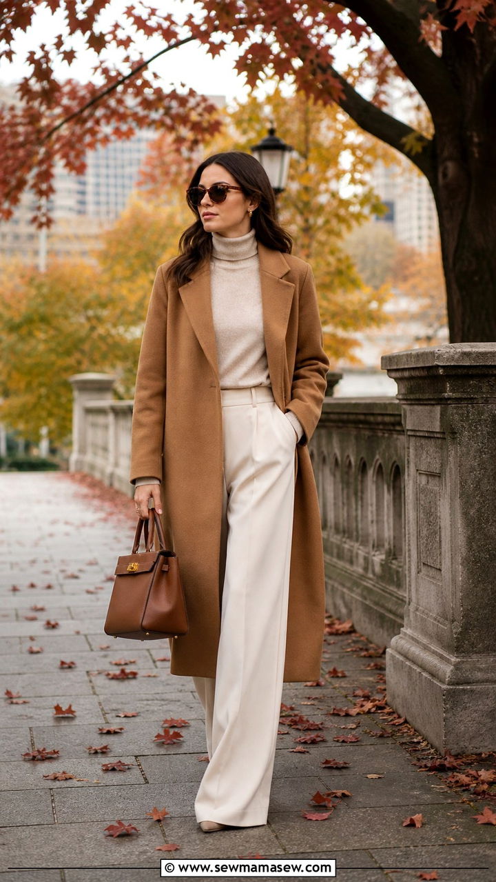 Camel Coat over Cashmere Turtleneck and Wide Leg Pants - 40 old money outfits ideas