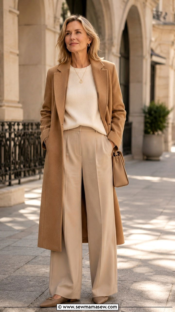 Camel Coat over a Cream Sweater and Wide Leg Trousers - 25 Midlife outfit ideas
