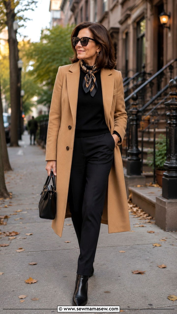 Camel Coat over a Monochrome Base Outfit - 30 Outfit ideas for women over 45