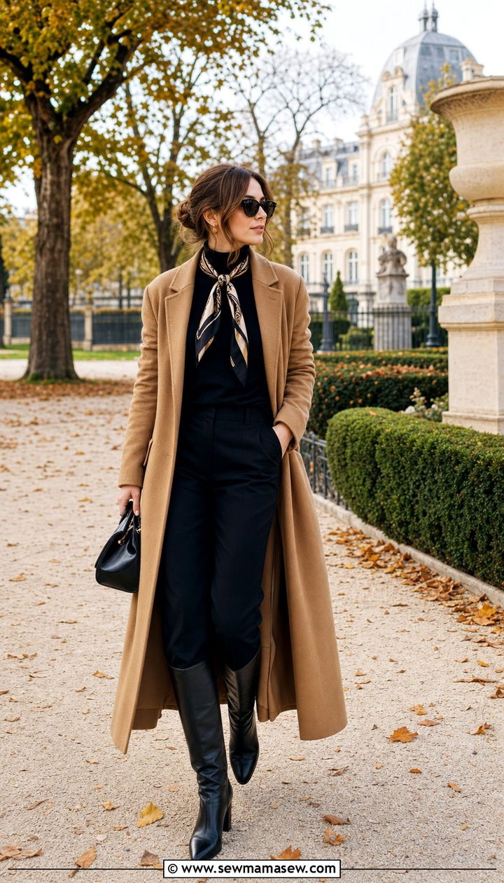 Camel Coat with All Black Ensemble and Knee High Boots - 25 classy Paris outfits