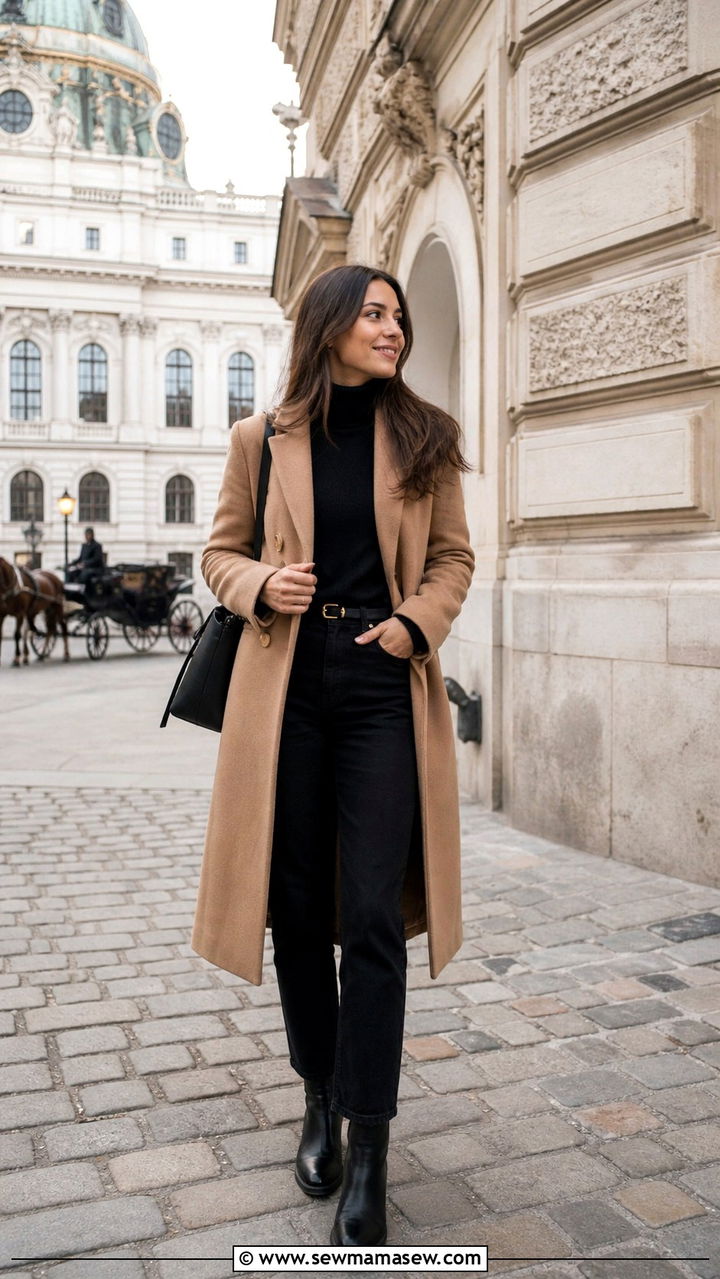 Camel Coat with Black Trousers and Ankle Boots - 40 Europe travel outfits