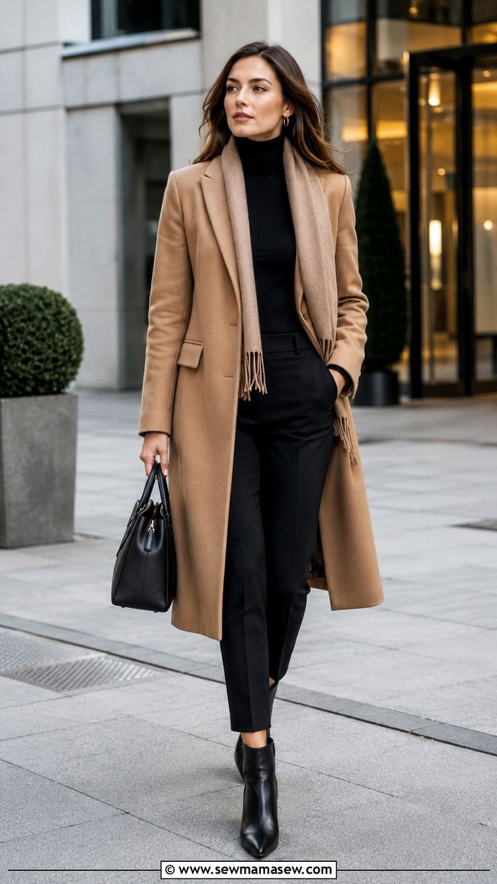 Camel Coat with Black Trousers and Sweater - 25 Paralegal outfit ideas