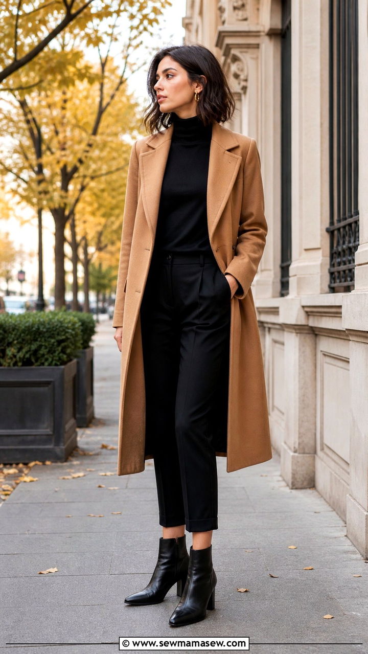 Camel Coat with Black Turtleneck and Cropped Pants - 40 business casual outfits for women