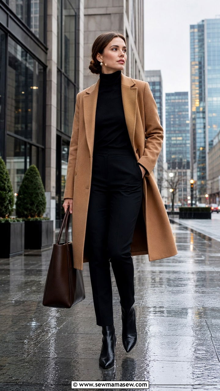 Camel Coat with Black Turtleneck and Slim Trousers - 25 rainy day outfits inspo