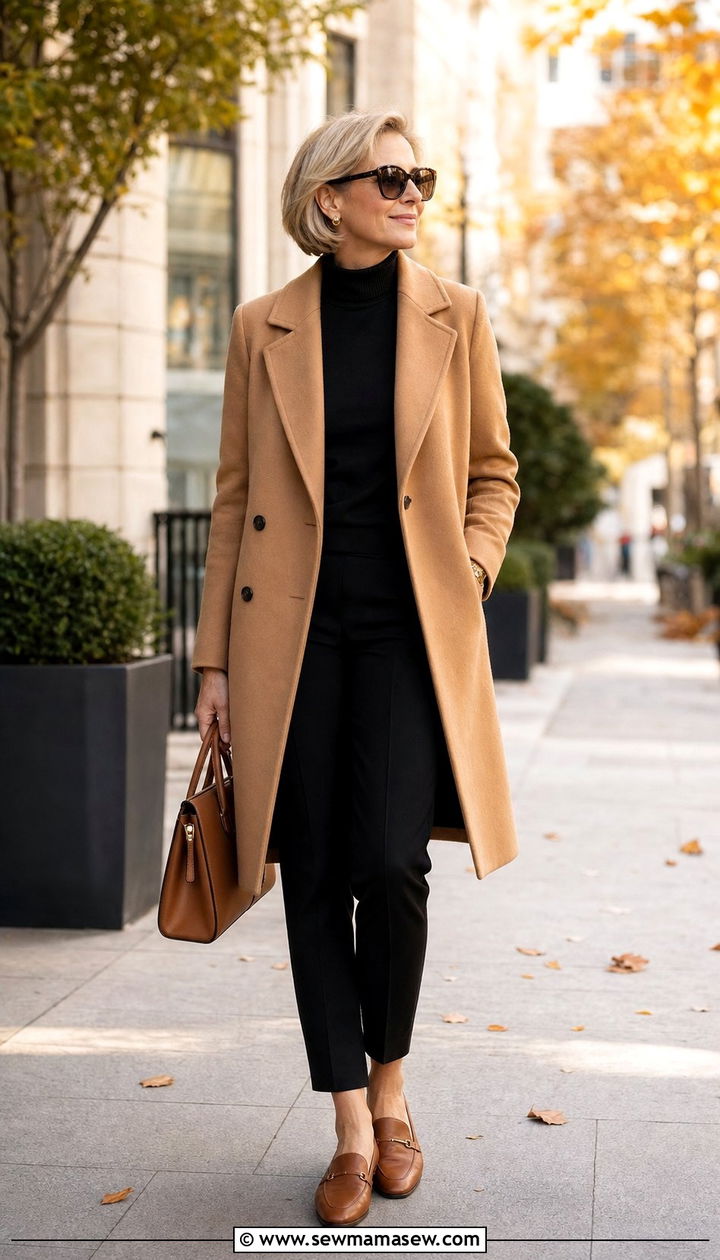 Camel Coat with Black Turtleneck and Slim Trousers - 25 comfortable outfit ideas for women over 40
