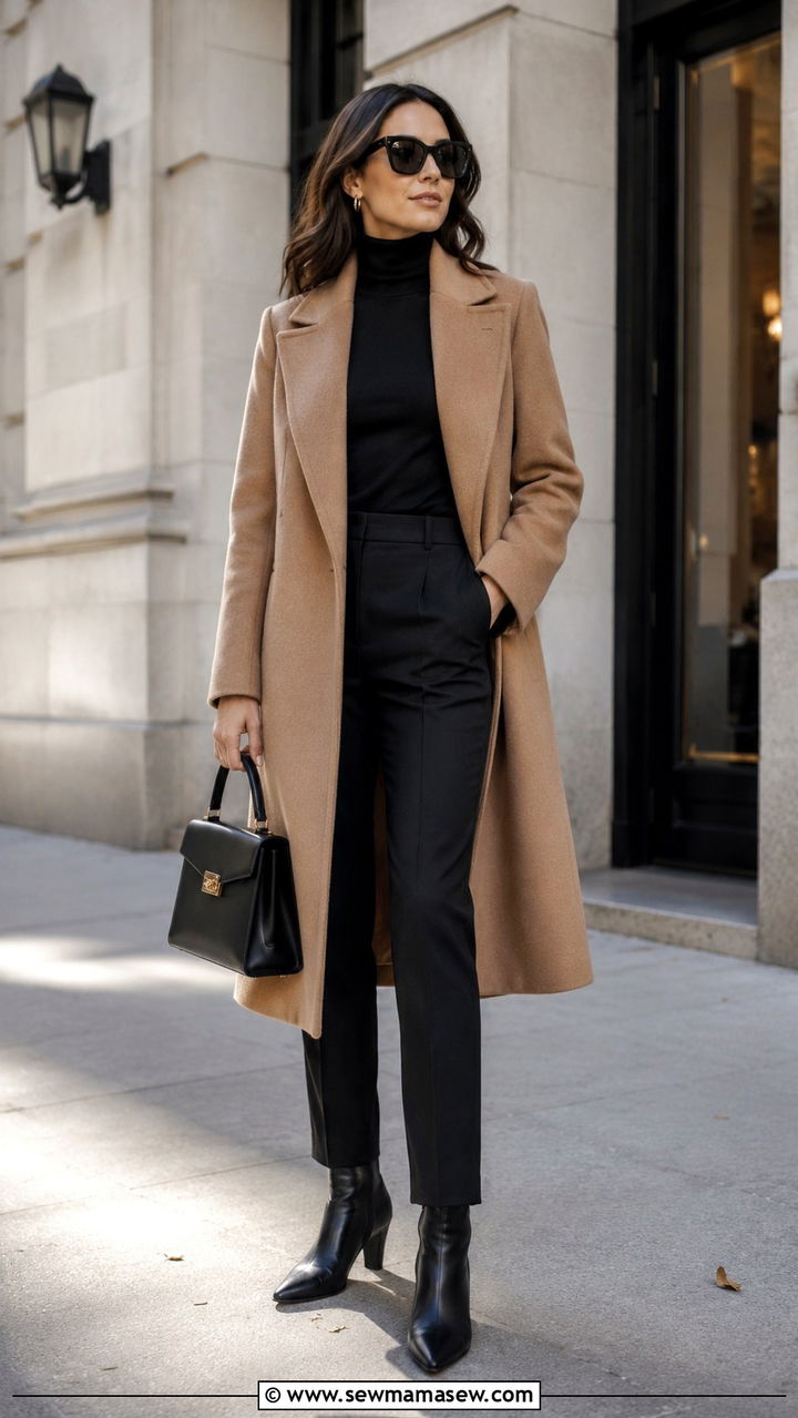 Camel Coat with Black Turtleneck and Trousers - 30 quiet luxury outfits aesthetic