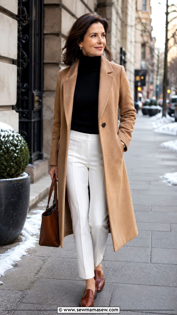 Camel Coat with Black Turtleneck and White Trousers - 30 office outfits for women over 40