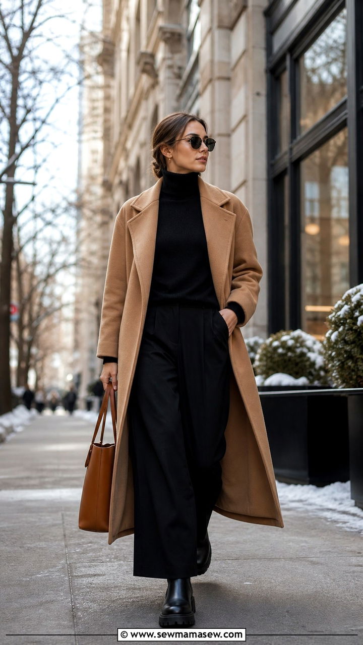 Camel Coat with Black Turtleneck and Wide Leg Trousers - 40 office outfits ideas
