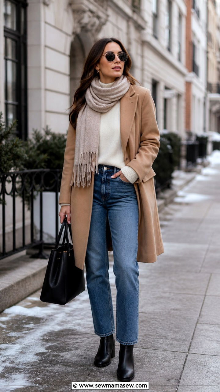 Camel Coat with Blue Straight Leg Jeans and Chelsea Boots - 40 jeans outfit ideas for women