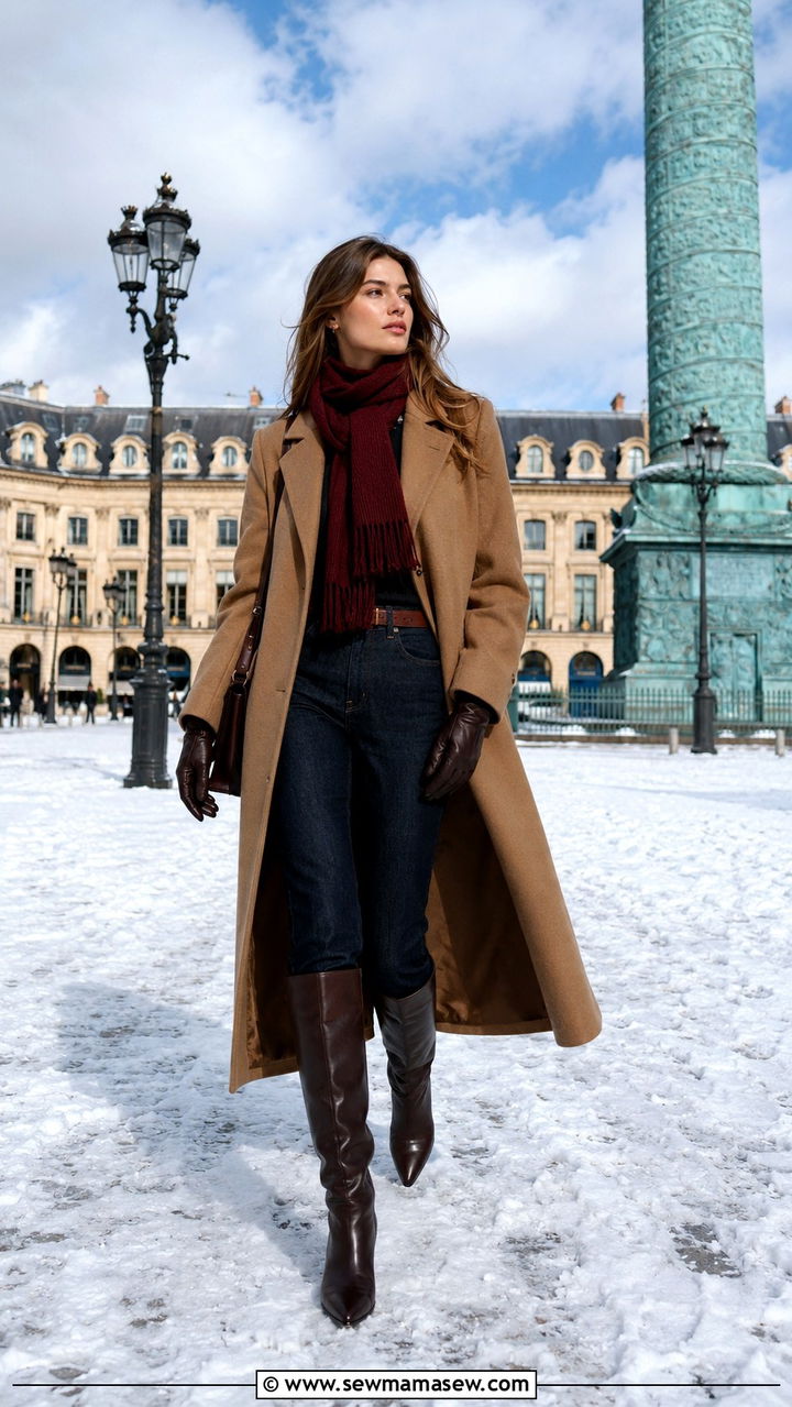 Camel Coat with Burgundy Scarf and Tall Boots - 25 Parisian outfits for tall women