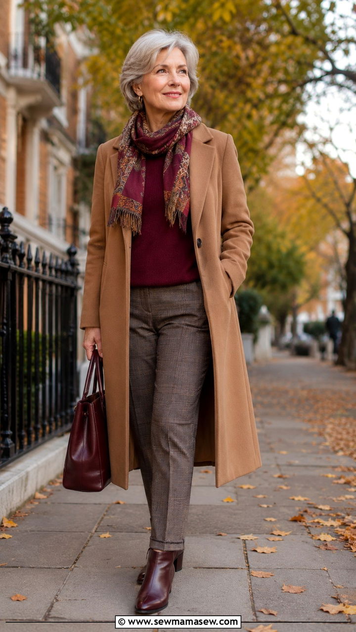 Camel Coat with Burgundy Sweater and Printed Scarf - 25 Modest outfit ideas for women over 60