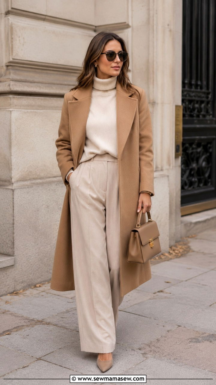Camel Coat with Cashmere Turtleneck and Wide Leg Trousers - 20 Quiet luxury outfit ideas Succession Shiv