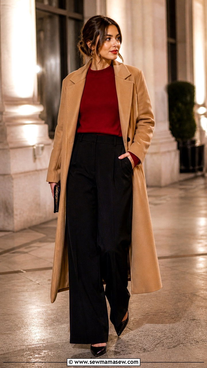 Camel Coat with Cherry Red Sweater and Black Trousers - 40 Camel outfit ideas