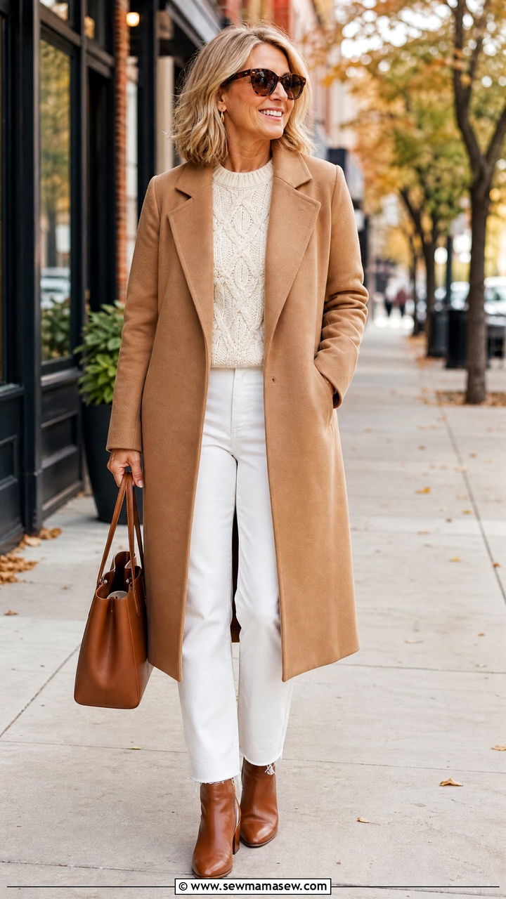 Camel Coat with Cream Knit and White Denim - 35 Minimalist outfit ideas for women over 40