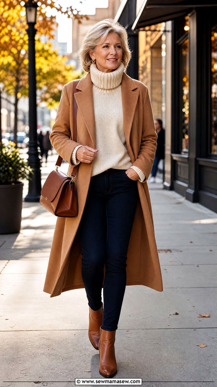 Camel Coat with Cream Sweater and Dark Jeans - 30 Elegant outfits for older women