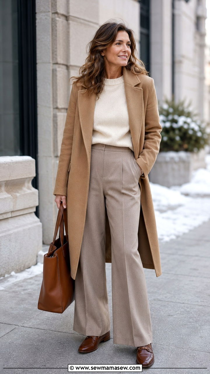 Camel Coat with Cream Sweater and Wide Leg Trousers - 25 preppy outfit ideas for women over 40