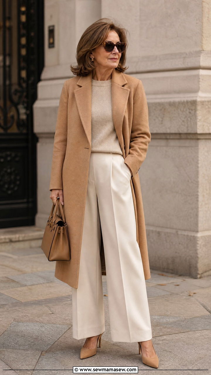 Camel Coat with Cream Trousers Over 50 - 30 Chic outfit ideas for women over 50