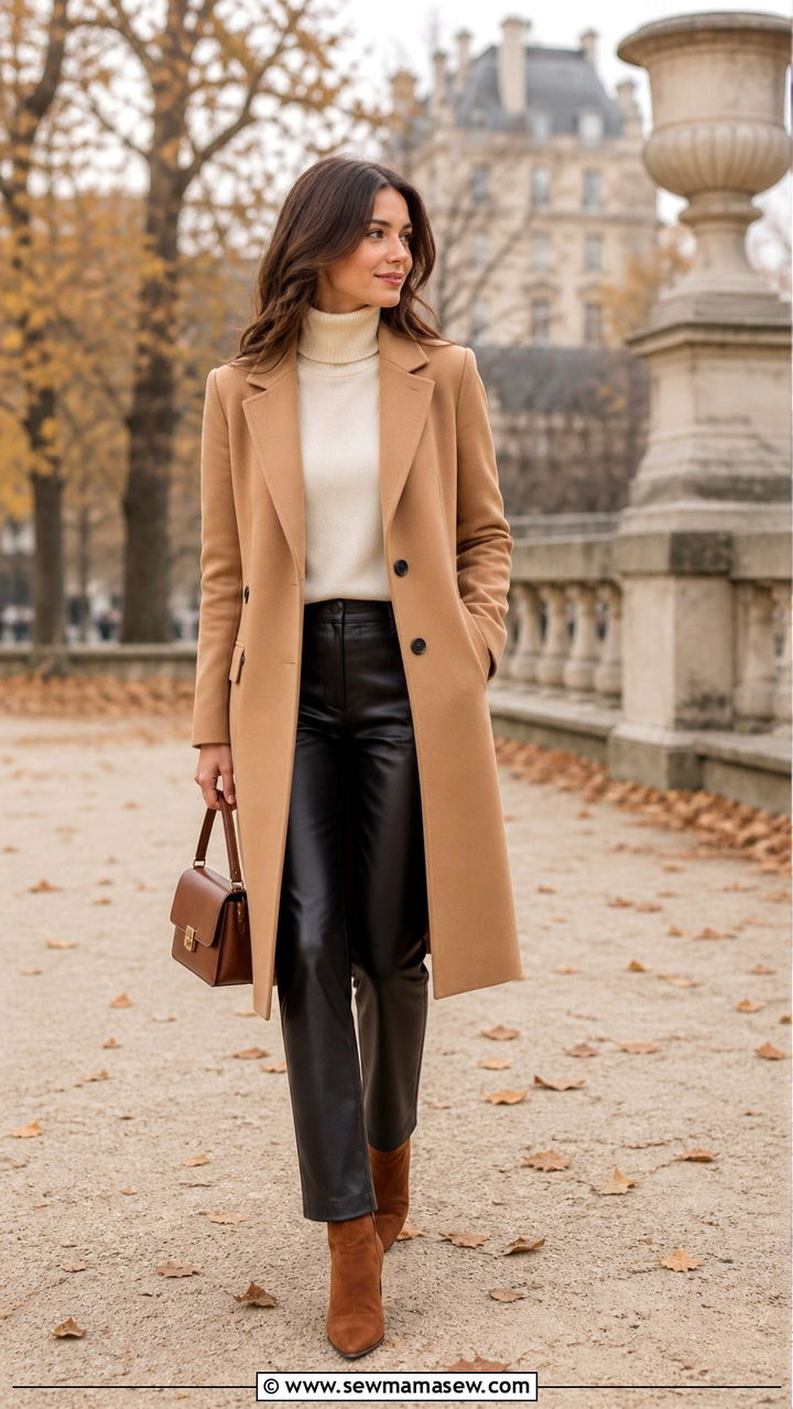 Camel Coat with Cream Turtleneck - 40 parisian outfits for women