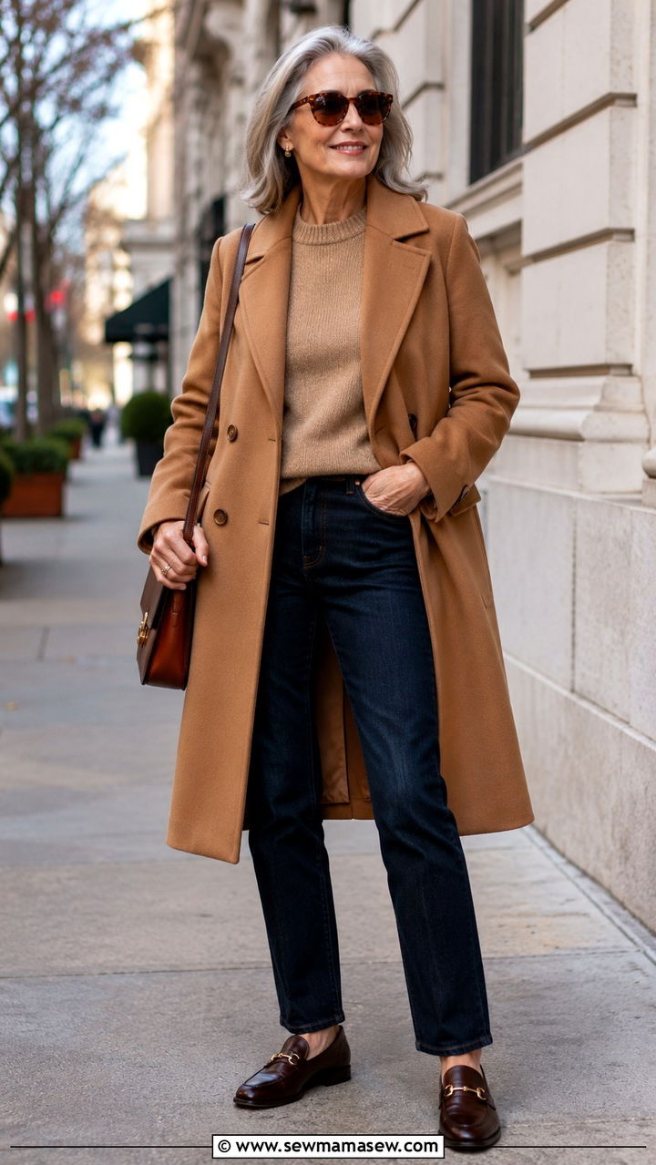 Camel Coat with Dark Jeans and Leather Loafers - 25 Weekend outfit ideas for women over 60